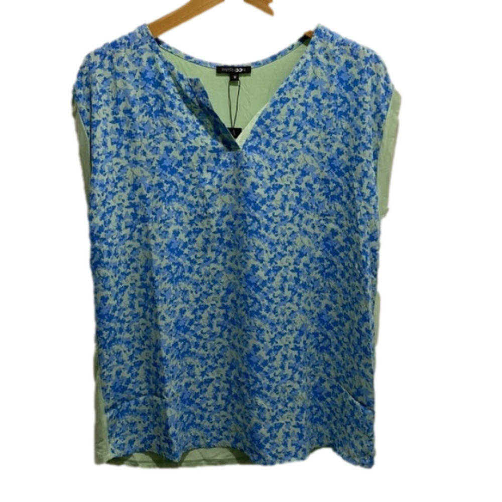 Papermoon Mixed Media Blue Floral Split Neck Blouse Top Women’s Medium
